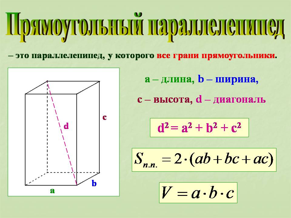 Прямоугольник параллелепипед б. Прямоугольный параллелепипед основные формулы. Площадь прямого параллелепипеда формула. Параллелепипед свойства и формулы. Формула нахождения диагонали прямоугольного параллелепипеда.